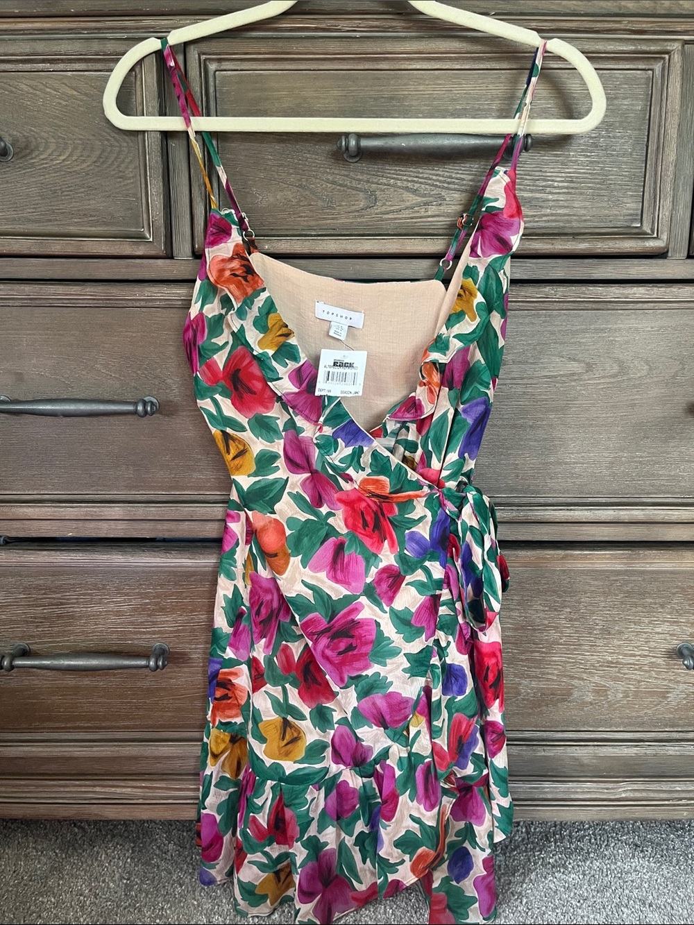 Topshop Floral Wrap Mini Dress in Pink, Purple, Green, yellow - Picture 1 of 3